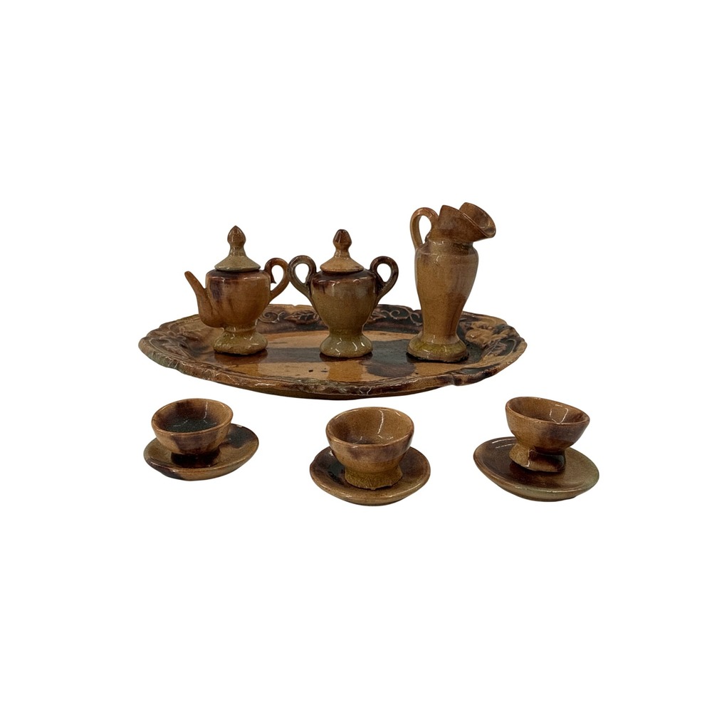 Vintage Miniature Tea‎ Set Unisex Brown Mexican Pottery 10pc Vintage Style